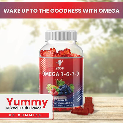 Omega 3 Gummies with Omegas 6, 7, 9, DHA & EPA - Sugar-Free Supplement for Brain, Heart, Eyes & Immune System (Mixed Fruits)