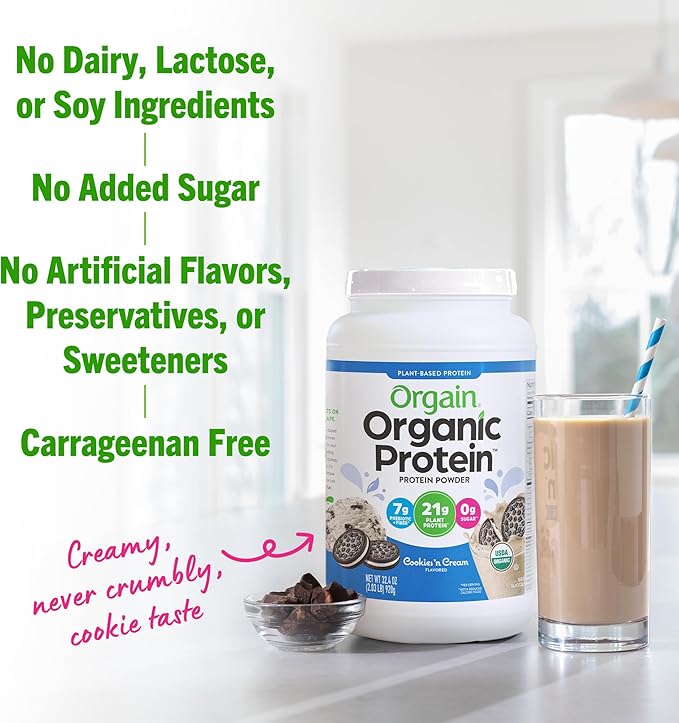Orgain Organic Vegan Protein Powder, Cookies & Cream - 21g Plant Based Protein, 7g Prebiotic Fiber, Low Net Carb, No Lactose Ingredients, No Added Sugar, Non-GMO, For Shakes & Smoothies, 2.03 lb