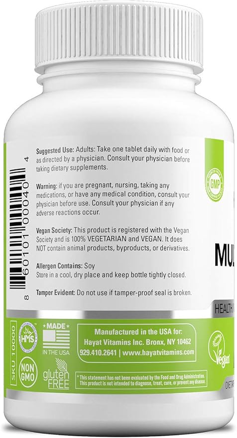 HAYAT Vitamins Vegan Natural Multivitamin, Daily Vitamins with Vitamin A, C, D, E, B1, B2, B3, B6, B12, Biotin, Zinc and More, 2 Month Supply, All Natural, Certified Halal, 60 Tablets, Made in The USA