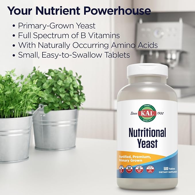 KAL Nutritional Yeast Supplement, Fortified w/ B12, Biotin, Folic Acid, Other B Vitamins, Naturally Occurring Amino Acids, Healthy Hair, Skin & Energy Support, Vegan, Gluten Free, 83 Serv, 500 Tablets