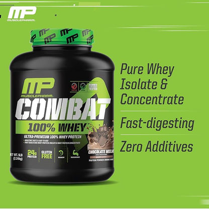 MusclePharm Combat 100% Whey Protein Powder, Chocolate Milk, Fast Recovery & Muscle Gain with Whey Protein Isolate, High Protein Powder for Women & Men, Gluten Free, 5 Lb, 70 Servings
