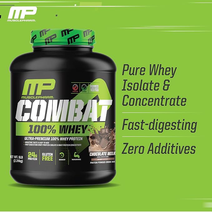 MusclePharm Combat 100% Whey Protein Powder, Chocolate Milk, Fast Recovery & Muscle Gain with Whey Protein Isolate, High Protein Powder for Women & Men, Gluten Free, 5 Lb, 70 Servings