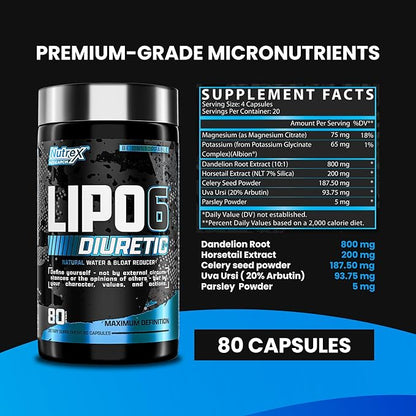 Nutrex Research - Lipo 6 Black Diuretic Water Pills (80 Caps) - Diuretics Reduce Bloat, Water Weight & Enhances Muscle Definition - Water Pill Bloating Relief - Diuretics for Water Retention Pills