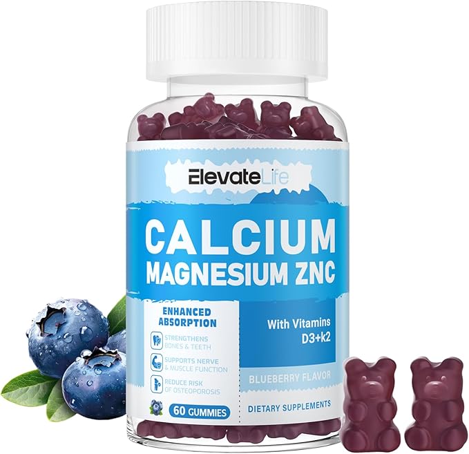 Calcium Magnesium Zinc Gummies with Vitamin D3 & K2 - High Potency Enhanced Absorption -60 Blueberry Gummies Flavored