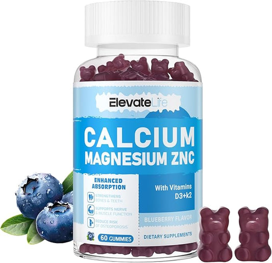 Calcium Magnesium Zinc Gummies with Vitamin D3 & K2 - High Potency Enhanced Absorption -60 Blueberry Gummies Flavored