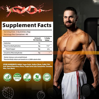 Creatine Monohydrate Gummies for Men & Women-5g of Creatine Monohydrate per Serving - Sugar Free,Vegan, Strawberry Flavor, 120 Count