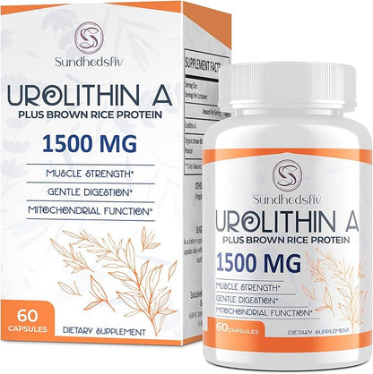 Urolithin A Supplement 1500MG Plus Brown Rice Protein, for Exercise Performance & Premium Cellular, Gluten Free, 60 Capsules