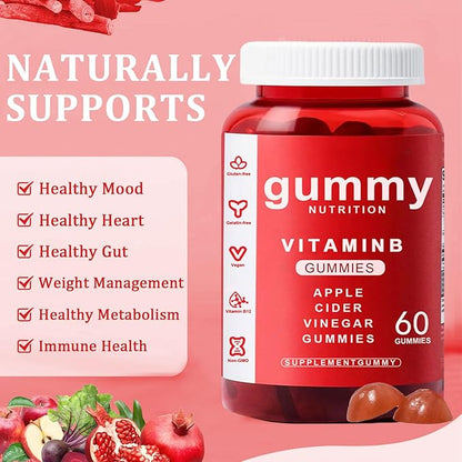 Apple Cider Vinegar Gummies - 60 Count, ACV Gummies Vitamin B12 Supplement, Vegan, Non-GMO, Gluten-Free & Gelatin Free, Apple Flavored Gummy Vitamins for Energy