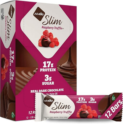 NuGo Slim Dark Chocolate Raspberry Truffle, 17g Protein Bar, Gluten Free, Non-GMO, Kosher, Keto Friendly, Low Carb, 12 Count
