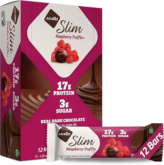 NuGo Slim Dark Chocolate Raspberry Truffle, 17g Protein Bar, Gluten Free, Non-GMO, Kosher, Keto Friendly, Low Carb, 12 Count