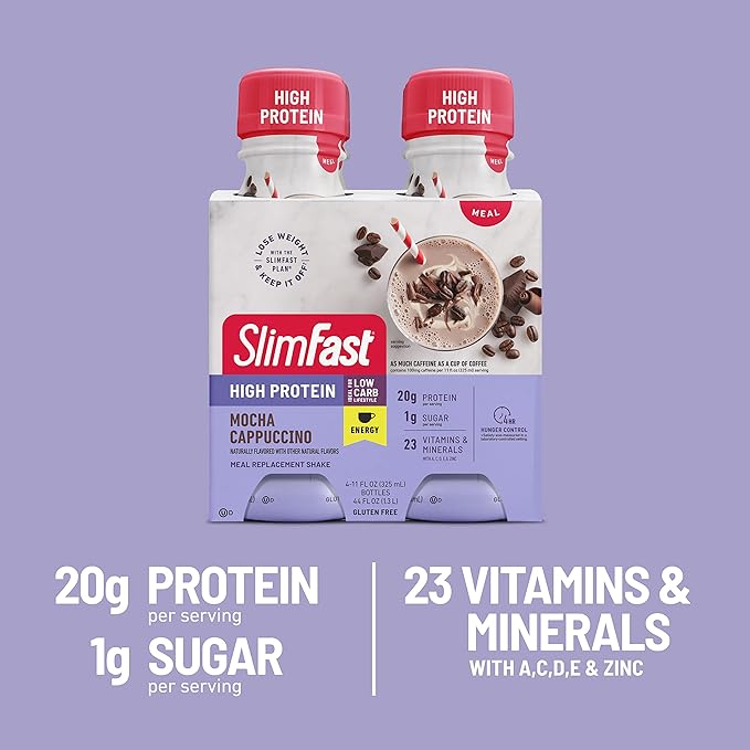 SlimFast Advanced Energy High Protein Meal Replacement Shake, Mocha Cappuccino, 20g of Ready to Drink Protein with Caffeine, 11 Fl. Oz Bottle, 4 Count (Pack of 3) (Packaging May Vary)