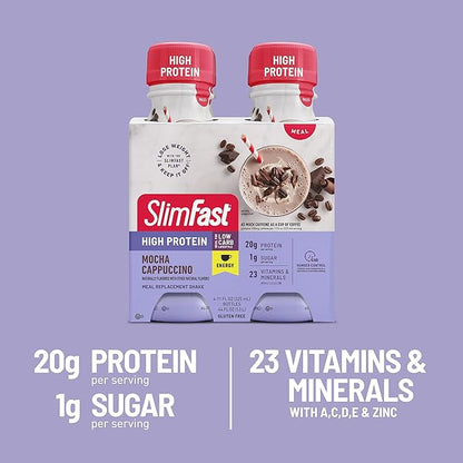 SlimFast Advanced Energy High Protein Meal Replacement Shake, Mocha Cappuccino, 20g of Ready to Drink Protein with Caffeine, 11 Fl. Oz Bottle, 4 Count (Pack of 3) (Packaging May Vary)