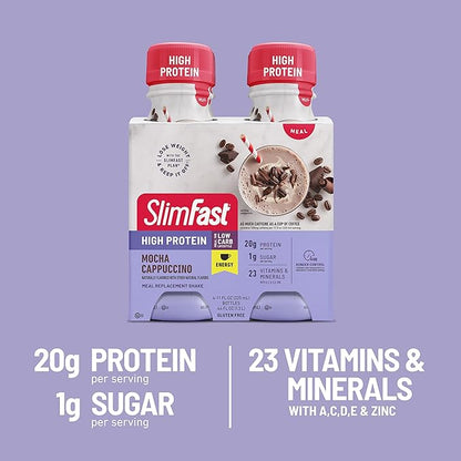 SlimFast Advanced Energy High Protein Meal Replacement Shake, Rich Chocolate, 20g of Ready to Drink Protein with Caffeine, 11 Fl. Oz Bottle, 4 Count (Pack of 3) (Packaging May Vary)