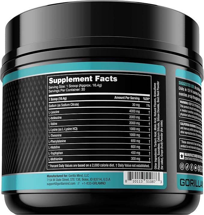 Gorilla Mode EAAs - Essential Amino Acids to Support Muscle Building, Enhanced Recovery, and Protein Synthesis/Use Before, During, or After Your Workout / 492 Grams (Cherry Blackout)