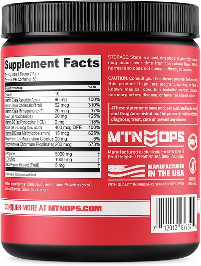 MTN OPS Enduro Nitric Oxide Supplement & Stim-Free Pre Workout - 30 Servings - with Magnesium Citrate, Beet Root Powder, Niacinamide, L Arginine & L Citrulline - Raspberry Flavor