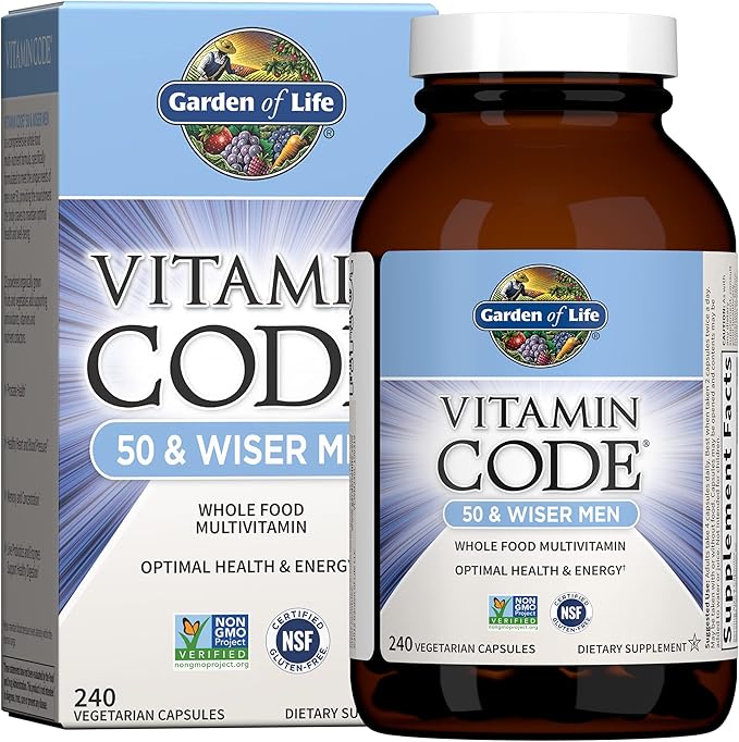 Garden of Life Multivitamin for Men - Vitamin Code 50 & Wiser Men's Raw Whole Food Vitamin Supplement with Probiotics, Vegetarian, 240 Capsules