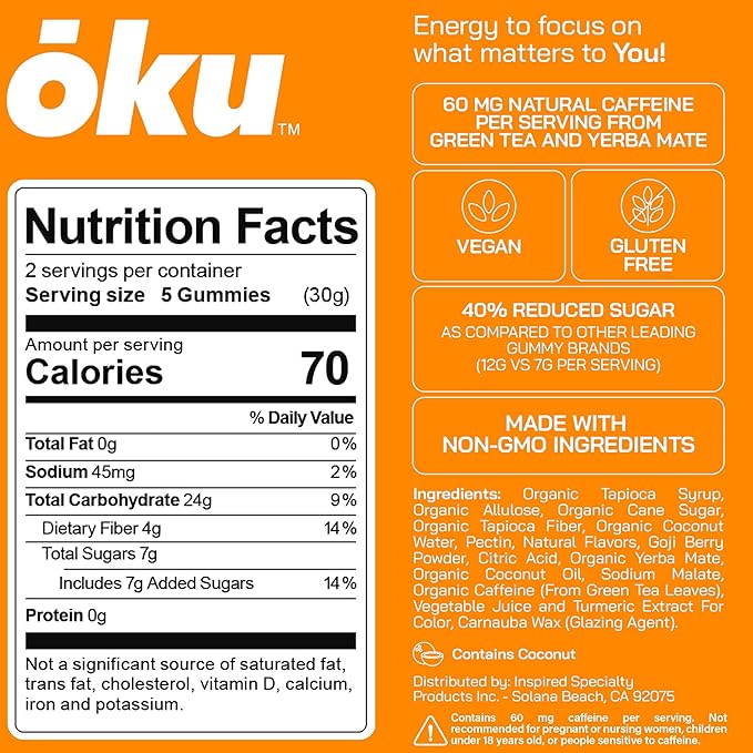 ōku Conscious Energy Gummy Snacks – Natural Caffeine from Green Tea & Yerba Mate, Vegan, Clean Ingredients, Gluten-Free, Focused Energy, Antioxidants & Fiber, Orange Blossom Pack of 12
