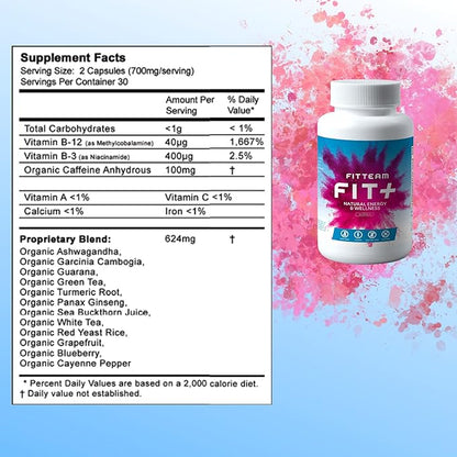 FIT Plus Organic Energy and Wellness Capsules - Organic Energy Vitamin Supplements - Mental Focus, Energy, and Metabolism Boost - Mood Support and Antioxidants - 60 Count Capsules