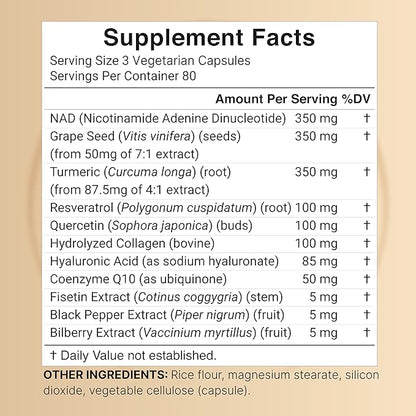 NatureBell NAD+ 1,500mg Per Serving, 240 Veggie Capsules | 11-in-1 Complex with Resveratrol Plus Hyaluronic Acid, Quercetin, Fisetin, Collagen, & More – Nicotinamide Supplement – Non-GMO
