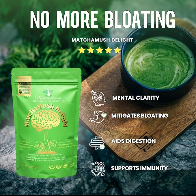 Mushroomtropics Matcha Mush Delight Mushroom Coffee Alternative, 2,800mg Adaptogenic Mushroom Blend and Fiber per Serving. for Better Energy, Bloating Relief, Mental Clarity and Immunity 30 Servings