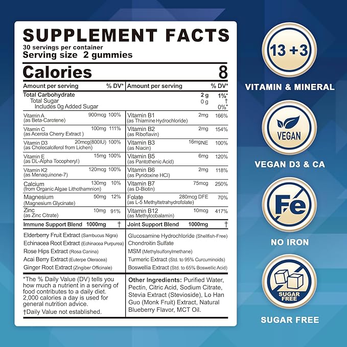 Sugar Free Multivitamin for Men & Women 50 Plus with Glucosamine Chondroitin MSM, Multivitamin Gummies Senior Multi Vitamin D3 K2 & A C E, B Complex, Algae Calcium Magnesium for Bone & Immune Support