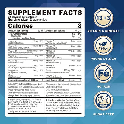 Sugar Free Multivitamin for Men & Women 50 Plus with Glucosamine Chondroitin MSM, Multivitamin Gummies Senior Multi Vitamin D3 K2 & A C E, B Complex, Algae Calcium Magnesium for Bone & Immune Support