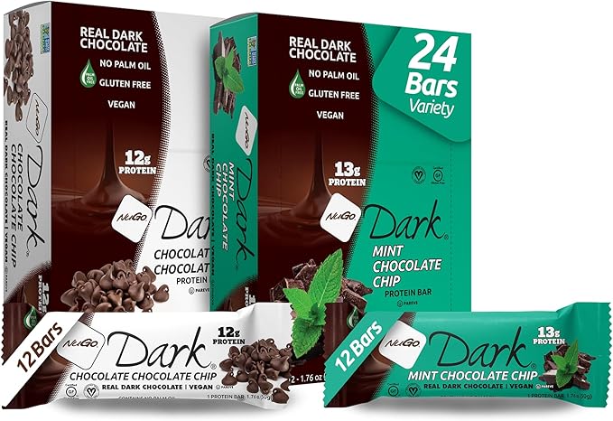NuGo Dark Variety - Mint Chocolate Chip 12 Bars & Chocolate Chocolate Chip 12 Bars, 12-13g Protein Bar, Vegan, Gluten Free, Non-GMO, Kosher Pareve, 24 Count