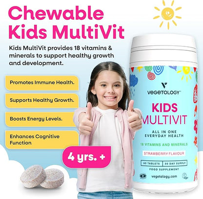 Kids MultiVitamin Supplement, Vegan Chewable Multivitamin for Immune Support, Energy, & Growth, 18 Essential Vitamins & Minerals, Ages 4+ - 60 Tablets, Strawberry