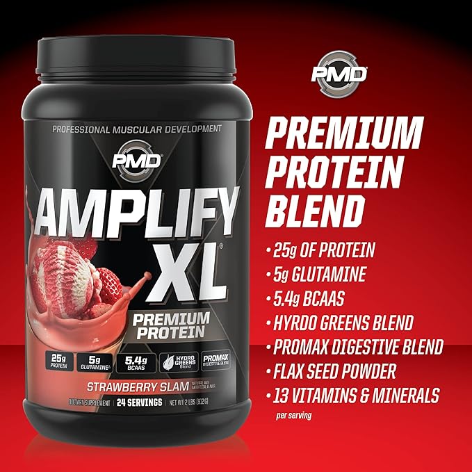 PMD Sports Amplify XL Premium Whey Protein Supplement Hydro Greens Blend - Glutamine and Whey Protein Matrix with Superfood for Muscle, Strength and Recovery - Strawberry Slam (24 Servings)
