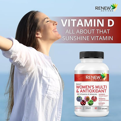 Renew Actives Women's Multi-Vitamin & Antioxidant: Daily Health Supplement - 22 Vitamins & Minerals for Energy and Mental Alertness - 60 Capsules