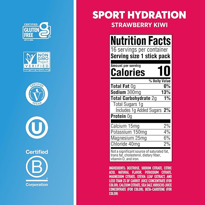 Nuun Sport Electrolyte Powder Packets - Strawberry Kiwi Flavor, 5 Essential Electrolytes for Hydration, Easy Open Drink Mix with Magnesium, 1g Sugar, Non GMO, Vegan, 16 Single Serving Sticks