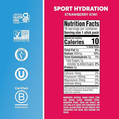 Nuun Sport Electrolyte Powder Packets - Strawberry Kiwi Flavor, 5 Essential Electrolytes for Hydration, Easy Open Drink Mix with Magnesium, 1g Sugar, Non GMO, Vegan, 16 Single Serving Sticks