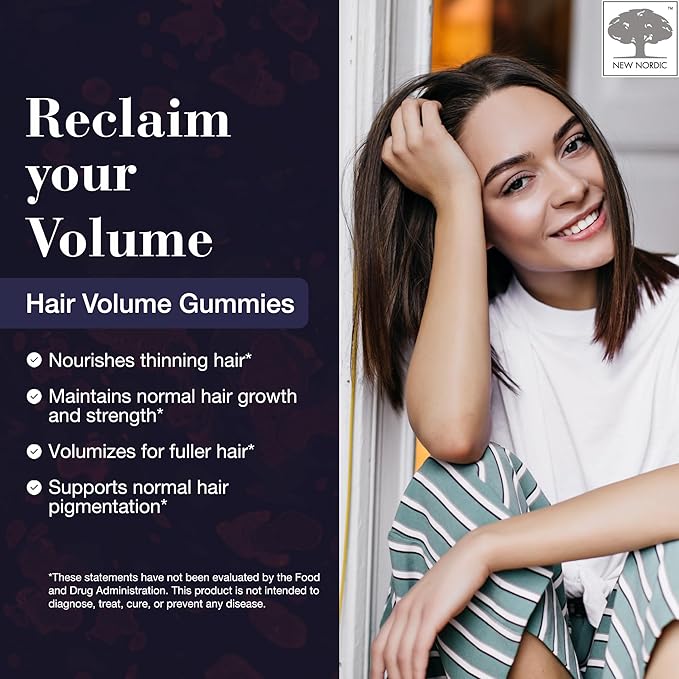 NEW NORDIC Hair Volume Gummies, 2500 mcg Biotin Daily Intake, Hair Vitamins to Support Hair Skin & Nails, Vegan Hair Supplement for Men and Women, 60 Count (Pack of 3)