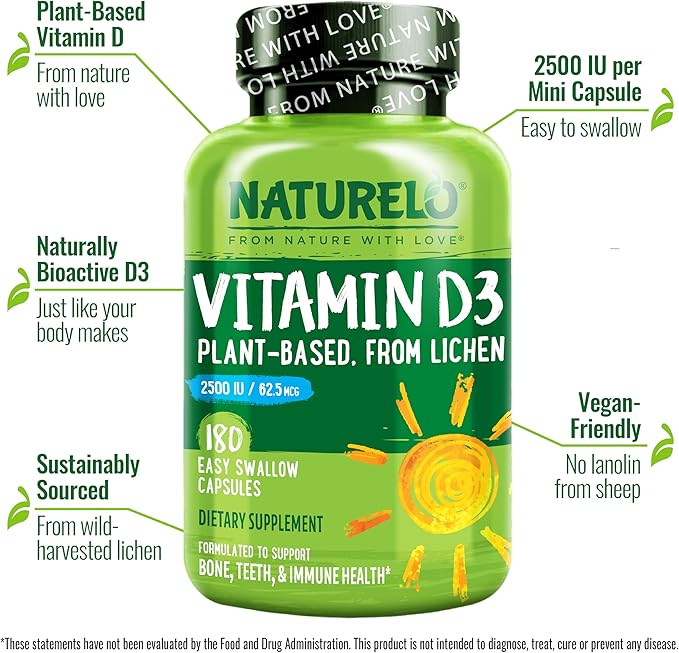 NATURELO Vitamin D - 2500 IU - Plant Based from Lichen - Natural D3 Supplement for Immune System, Bone Support, Joint Health - Vegan - Non-GMO - Gluten Free - 180 Mini Capsules