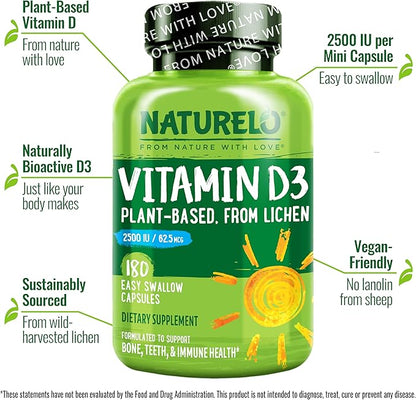NATURELO Vitamin D - 2500 IU - Plant Based from Lichen - Natural D3 Supplement for Immune System, Bone Support, Joint Health - Vegan - Non-GMO - Gluten Free - 180 Mini Capsules