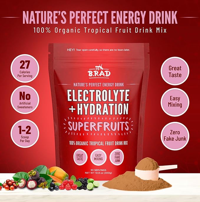 B.rad Superfruits Hydration & Electrolyte Beverage | Nature's Perfect Energy Drink | Freeze-Dried High-Antioxidant Tropical Fruit Powder | 10.8 Ounces, 30 Servings