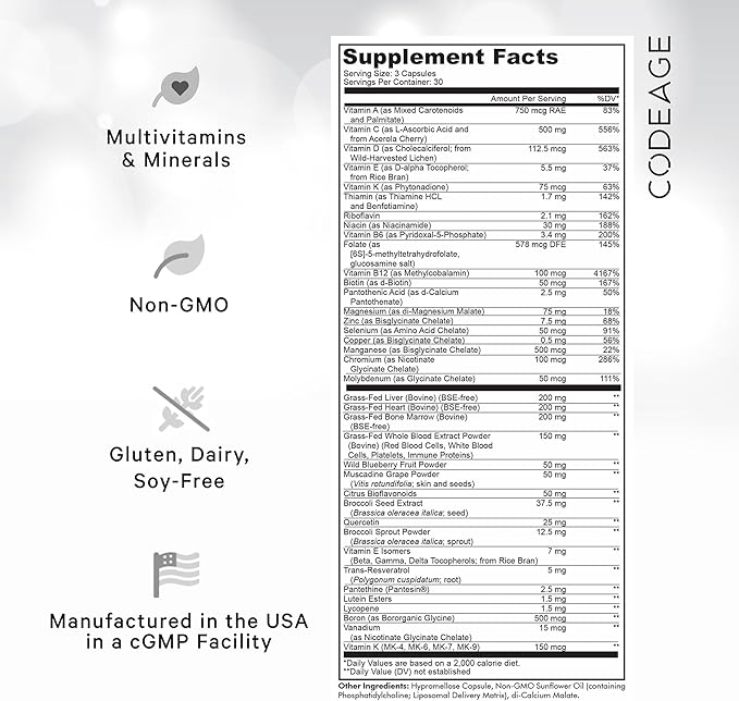 Codeage Multivitamin Performance Elite Max Supplement - Vitamins A, B6, B12, C, D, E, Vitamin K (MK-4, MK-6, MK-7, MK-9), Essential Minerals, Botanical & Grass-Fed Organ Extracts, Lutein - 90 Capsules