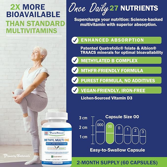 Power By Naturals Methyl Multi One - Methylated Multivitamin with Methylfolate & Methyl B12 for MTHFR Maintenance, 120 Capsules, 4 Month Supply, Made in USA (Packaging May Vary)