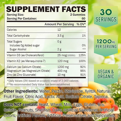 Calcium Citrate Gummies 1200 mg for Kids & Adults, Sugar Free, with Vitamin D3, K2, Magnesium, Zinc, Bone Support for Women & Elders, Natural Pineapple Flavor, 60 Gummies