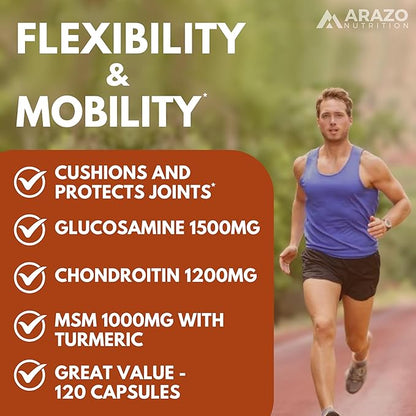 Arazo Nutrition Glucosamine Chondroitin Turmeric Msm Boswellia - Joint Support Supplement for Relief 120 Capsules for Bones, Back, Knees, Hands (120 Capsules)