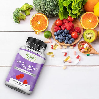 Pure By Nature Mega Multi Gummies, Natural Flavored Multi Vitamin Gummies for Women & Men, Dietary Supplement, Multivitamin for Men with Vitamins A, D2, C, E, K, Biotin, Folic Acid (60 Count)
