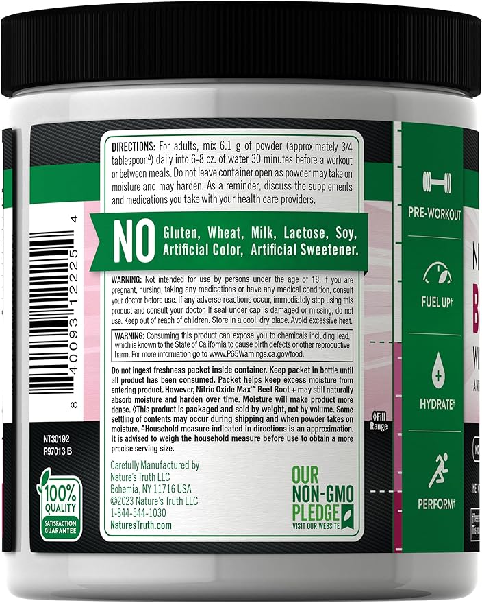 Nature's Truth Beet Root Powder | 7.73 oz | Nitric Oxide Supplement for Men and Women | Vegan, Non-GMO & Gluten Free Pre-Workout | Mixed Berry Flavor