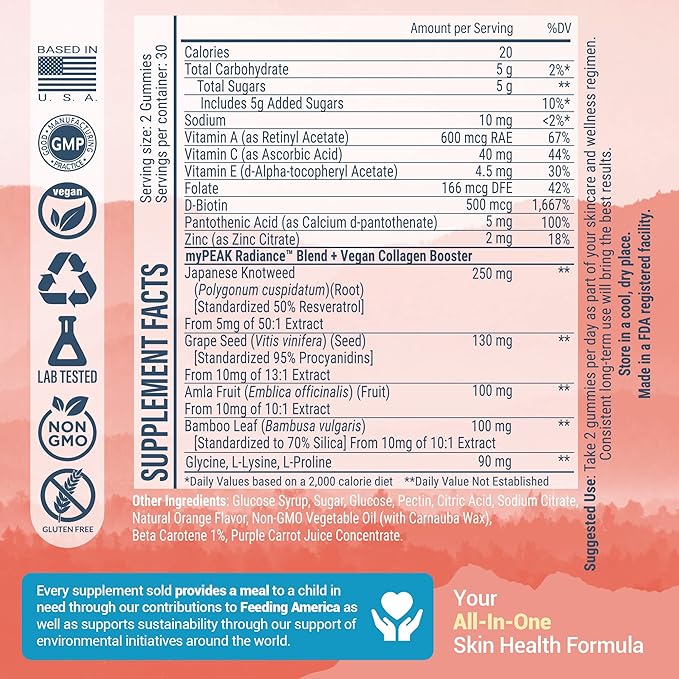 Radiance Vegan Collagen Booster and Superfruit Gummies, Collagen Supplements with Superfruits and Skin-Enhancing Nutrients, Hair Skin and Nails Vitamins for Beauty, 60 Gummies