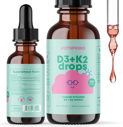 JoySpring Vitamin D3 Kids Drops with Vitamin K2 |180 Servings (1 fl oz)| Vitamin D Toddler Liquid Supplement | Children's Vitamin D Calcium Absorption & Joint Health Support | Vitamin D Kids Ages 3-18