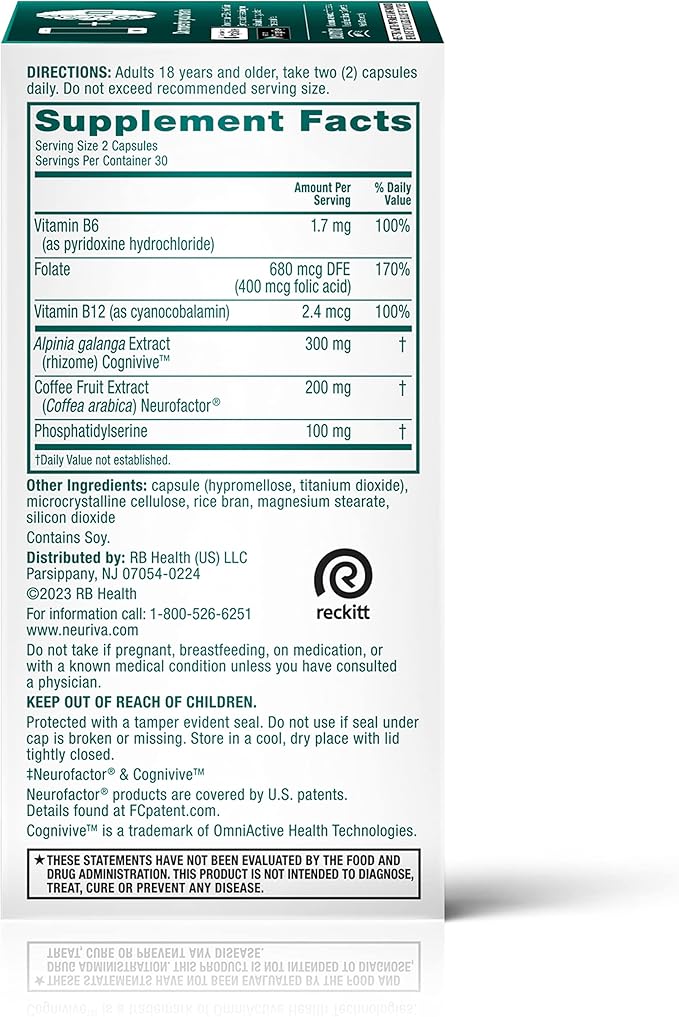 NEURIVA Ultra Decaffeinated Clinically Tested Nootropic Brain Supplement for Mental Alertness, Memory, Focus & Concentration, Cognivive, Neurofactor, Phosphatidylserine, Vitamins B6 B12, 60 Capsules