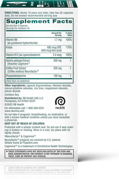 NEURIVA Ultra Decaffeinated Clinically Tested Nootropic Brain Supplement for Mental Alertness, Memory, Focus & Concentration, Cognivive, Neurofactor, Phosphatidylserine, Vitamins B6 B12, 60 Capsules