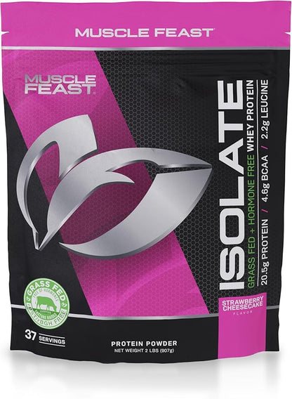 Muscle Feast Grass-Fed Whey Protein Isolate, All Natural Hormone Free Pasture Raised, Strawberry Cheesecake, 2lb