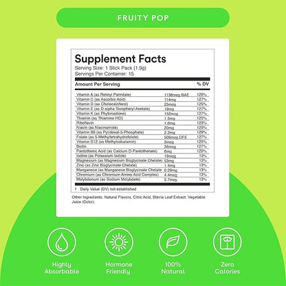Multi - Daily Multivitamin Drink Mix - For Immune Health, Energy, Nutrition, Skin & Bones - With Vitamin B12, Folate & More - 15 Packets - Fruity Pop Flavor