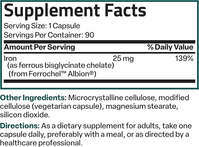 Bronson Iron Bisglycinate 25 mg Gentle on The Stomach, Supports Energy & Healthy Red Blood Cell Production - Non-Constipating Formula - Non GMO, 90 Vegetarian Capsules