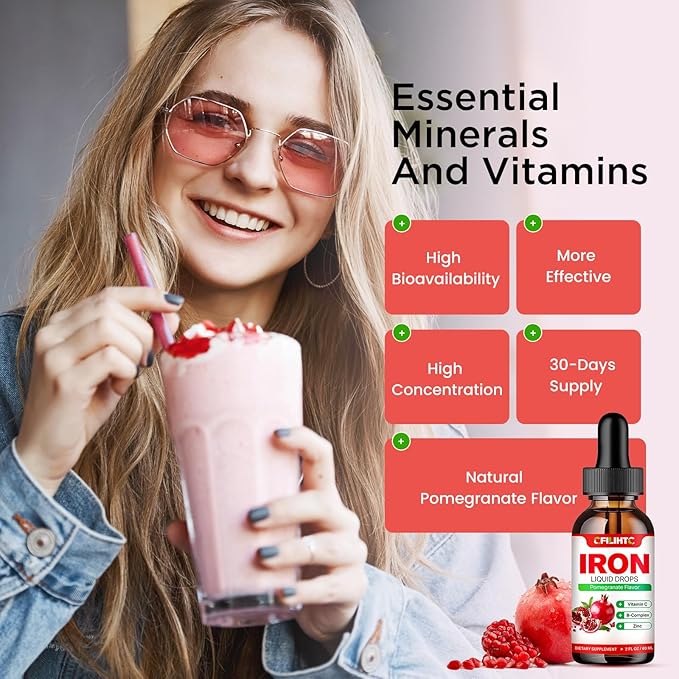 Liquid Iron Supplement for Women Men & Kids Multivitamin Iron Drops with Folate, Vitamin C, B6, B12, Zinc for Anemia, Iron Deficiency, Blood Builder, Energy - Natural Pomegranate Flavor, Vegan 2 Fl Oz
